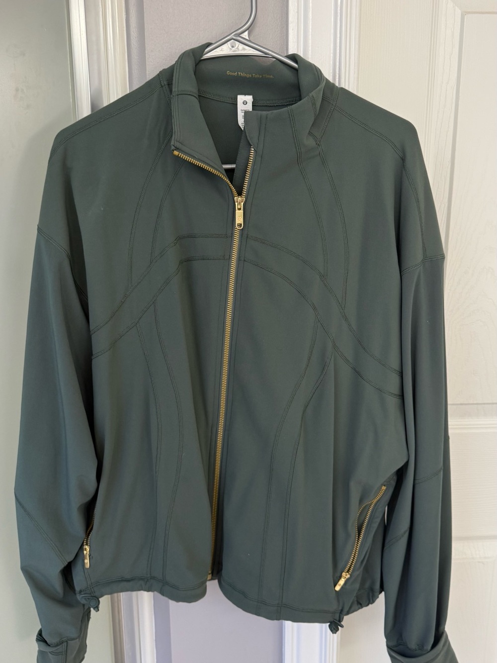 lululemon athletica Dark Green Bomber Jacket with Gold Zippers